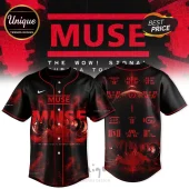 Muse band baseball jersey with red and black cosmic print, featuring The Wow! Signal Europa Tour 2026 text graphics.!