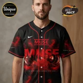 Man wearing black button-down baseball jersey with Muse band logo, red abstract graphics, and Signal Europa Tour text.!
