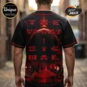 Black baseball jersey with red piping and sci-fi aesthetic featuring a central planet graphic and red stylized runes.!