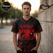 Man wearing black baseball jersey with red Muse tour graphics, abstract smoke patterns, and button-up front design.!