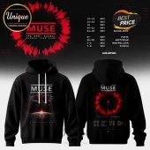 Black hooded sweatshirt with Muse The Wow Signal Europa Tour 2026 graphics featuring red planetary and text prints.!