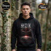 Black hooded sweatshirt with Muse The Wow Signal Europa Tour 2026 graphic print featuring a circular space station art.!