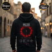 Back of black hoodie featuring Muse band logo, red circular soundwave graphic, and 2026 Europa Tour dates text.!