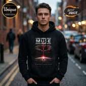 Man wearing black hoodie with Muse The Wow Signal Europa Tour 2026 graphic featuring space station, planet, and red light.!
