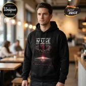 Man wearing black hoodie with Muse The Wow Signal Europa Tour 2026 graphic print featuring red celestial art and symbols.!