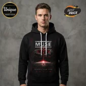 Man wearing a black cotton hoodie with a Muse The Wow Signal Europa Tour 2026 graphic print in red and white ink.!