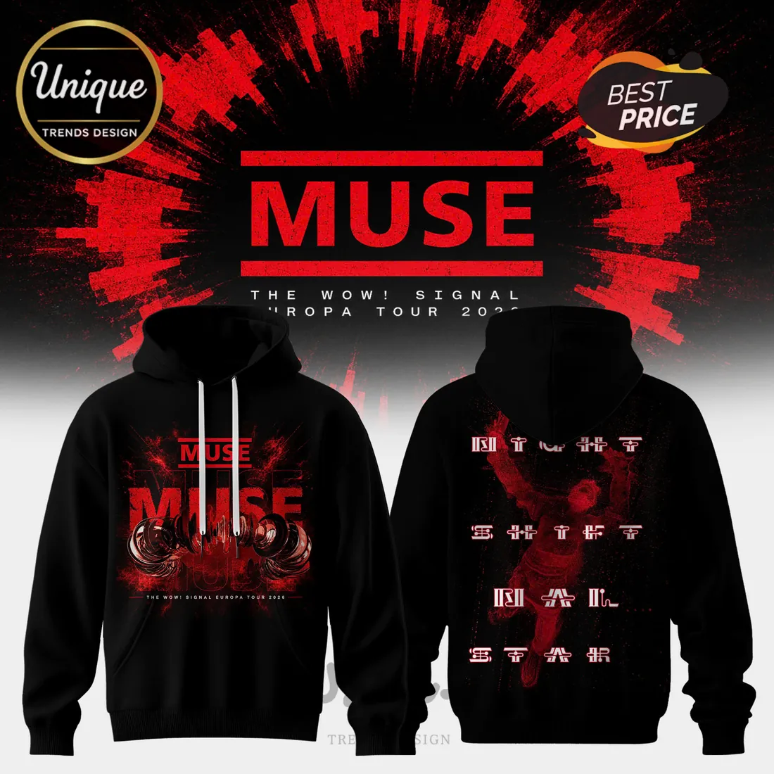 Muse The Wow Signal Europa Tour 2026 Black Pullover Hoodie Muse The Wow Signal Europa Tour 2026 Black Pullover Hoodie