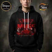 Black hoodie with red Muse graphic print and The Wow Signal Europa Tour 2025 text, featuring white drawstring cords.!