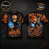 Naruto Uzumaki graphic t-shirt featuring blue rasengan energy and Japanese text in orange and black tones.!