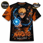 Naruto Uzumaki graphic t-shirt featuring a blue Rasengan, black and orange color palette, and Konoha ninja symbol accents.!
