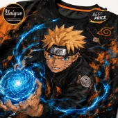 Naruto Uzumaki graphic t-shirt featuring bright blue Rasengan, orange accents, and Konoha symbol on black fabric.!