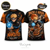 Naruto Uzumaki graphic t-shirt with orange and black anime print, blue Rasengan energy, and Japanese kanji text.!