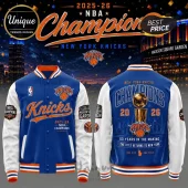 New York Knicks 2025-26 championship varsity jacket with blue body, white sleeves, trophy graphics, and team logos.!