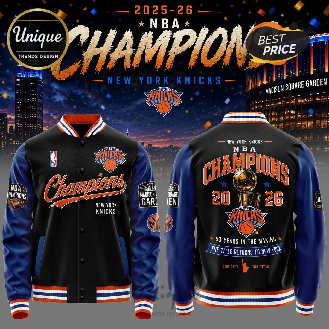 New York Knicks 2025-26 NBA Champions Logo Baseball Jacket New York Knicks 2025-26 NBA Champions Logo Baseball Jacket