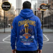 Blue hoodie with NBA New York Knicks 2026 championship graphics, Larry O'Brien trophy icon, and basketball court background.!