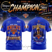 New York Knicks 2025-26 NBA Champions royal blue crewneck t-shirt with orange and gold team graphics and Larry O'Brien trophy.!