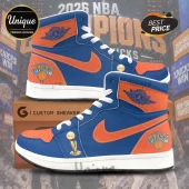 Custom New York Knicks high-top sneakers with orange and blue leather, white laces, and gold trophy pin accents.!