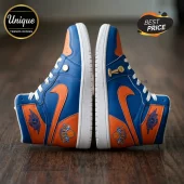 New York Knicks inspired high-top sneakers in blue and orange leather with gold basketball and trophy lace charms.!
