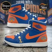 New York Knicks theme leather high-top sneakers with blue and orange panels, white laces, and gold trophy embellishment.!