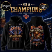 Black New York Knicks 2026 NBA championship hoodie featuring graphics of the Larry O’Brien trophy and city skyline.!