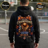 Black hoodie featuring New York Knicks 2026 NBA Champions graphics, including the Statue of Liberty and trophy designs.!