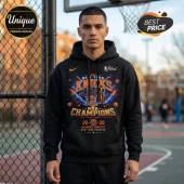 Man wearing black hoodie with New York Knicks 2025 NBA Champions graphic, featuring basketball trophy and lightning motifs.!