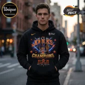 Black hooded sweatshirt with New York Knicks 2026 NBA Champions graphic featuring basketballs, city skyline, and trophy.!