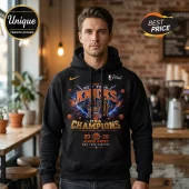 Black hooded sweatshirt with New York Knicks 2026 NBA Champions graphic, basketball imagery, and gold lettering.!
