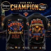 Black New York Knicks 2026 NBA Champions t-shirt showing Larry O'Brien trophy, basketballs, and city skyline graphics.!
