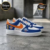 Custom New York Knicks low-top sneakers in blue, orange, and white with NBA championship trophy and 2026 text graphics.!