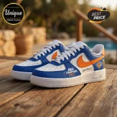 Custom blue and white basketball sneakers with orange swoosh, NBA Champions 2026 text, and New York Knicks logo.!
