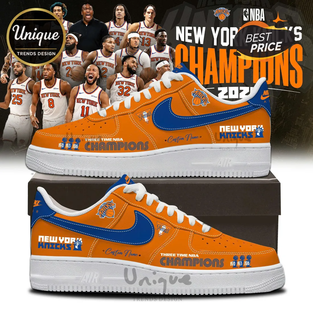 New York Knicks 2026 NBA Champions Orange Custom Leather Air Force 1 Sneakers New York Knicks 2026 NBA Champions Orange Custom Leather Air Force 1 Sneakers