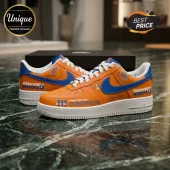 Custom New York Knicks themed orange and blue leather sneakers with Three Time NBA Champions text on white soles.!