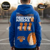 Blue hoodie back view featuring New York Knicks graphics with 1970, 1973, and 2026 championship text and basketball icons.!