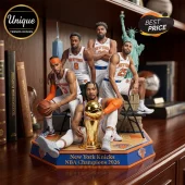 New York Knicks 2026 championship figurine featuring five basketball players and a gold trophy on a hexagonal display base.!