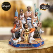 New York Knicks 2026 NBA championship trophy figurine with five basketball players on a hexagonal court display base.!