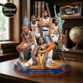 New York Knicks 2026 NBA championship figurine with five players, a gold trophy, and Statue of Liberty on a base.!