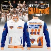 New York Knicks 2026 Champions varsity jacket in white and blue with orange trim, featuring team logos and trophy graphics.!