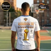White New York Knicks championship t-shirt featuring 2026 title text, team logo, basketball trophy, and player autographs.!