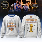 New York Knicks 2026 championship white sweatshirt with team logo, trophy graphic, and player signatures on the back.!