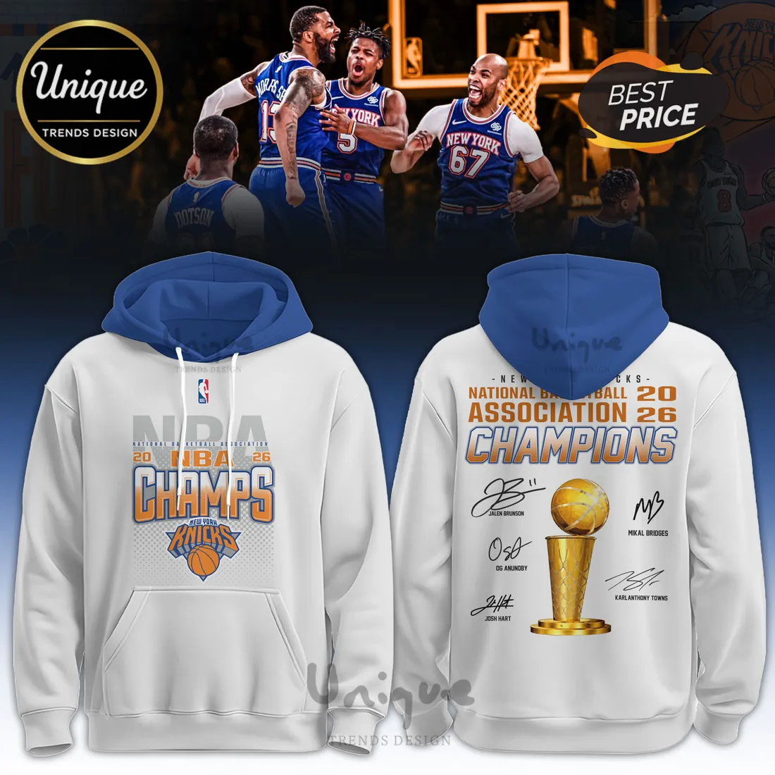 New York Knicks 2026 NBA Champions White Signature Trophy Hoodie New York Knicks 2026 NBA Champions White Signature Trophy Hoodie