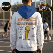 White hoodie with blue hood featuring NBA 2026 Champions trophy graphic, player signatures, and New York Knicks text.!