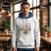 White hoodie with blue hood, featuring 2026 NBA Champs New York Knicks graphic, logo, and basketball design on front chest.!