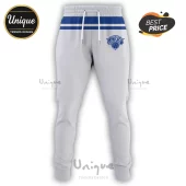 New York Knicks grey joggers featuring a blue and white striped waistband, drawstring, and team logo on the left thigh.!