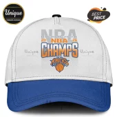 New York Knicks 2026 NBA Champs baseball cap with white crown, blue brim, and orange and blue team logo graphics.!