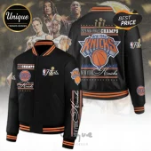 New York Knicks 2026 NBA Finals Champions black varsity jacket with orange stripes and team logo graphics on front and back.!