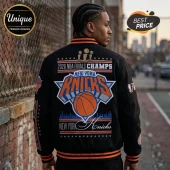 Black New York Knicks varsity jacket with orange trim, 2026 NBA Finals Champs embroidery, and basketball graphic on back.!