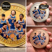 New York Knicks 2026 NBA Finals Champions commemorative gold and bronze metal coins featuring team player portraits.!