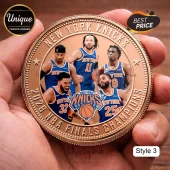Copper-toned metal commemorative coin featuring New York Knicks 2026 NBA Finals Champions text and five team players.!