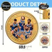 Gold colored New York Knicks commemorative coin featuring player portraits, team logo, and 2026 NBA Finals Champions text.!